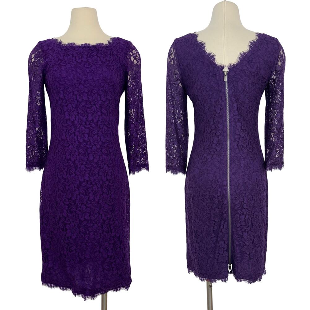 Diane von Furstenberg Zarita Lace Sheath Dress Long Sleeve Purple 10